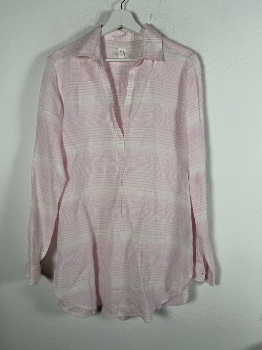 GAP Linen Shirt Womens Medium Pink Striped Popover Boyfriend Tunic Long Sleeve